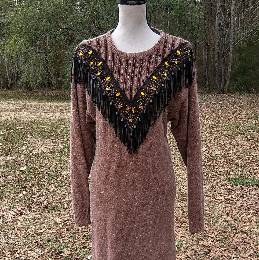Rauol Fringe Silk Brown LS Embellished Sz M Dress - Picture 2 of 5